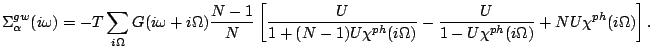 $\displaystyle \Sigma^{gw}_{\alpha }(i\omega )=-T\sum_{i\Omega }G(i\omega +i\Ome...
...i^{ph}(i\Omega)}-\frac{U}{1-U\chi^{ph}(i\Omega)}+N
 U\chi^{ph}(i\Omega)\right].$
